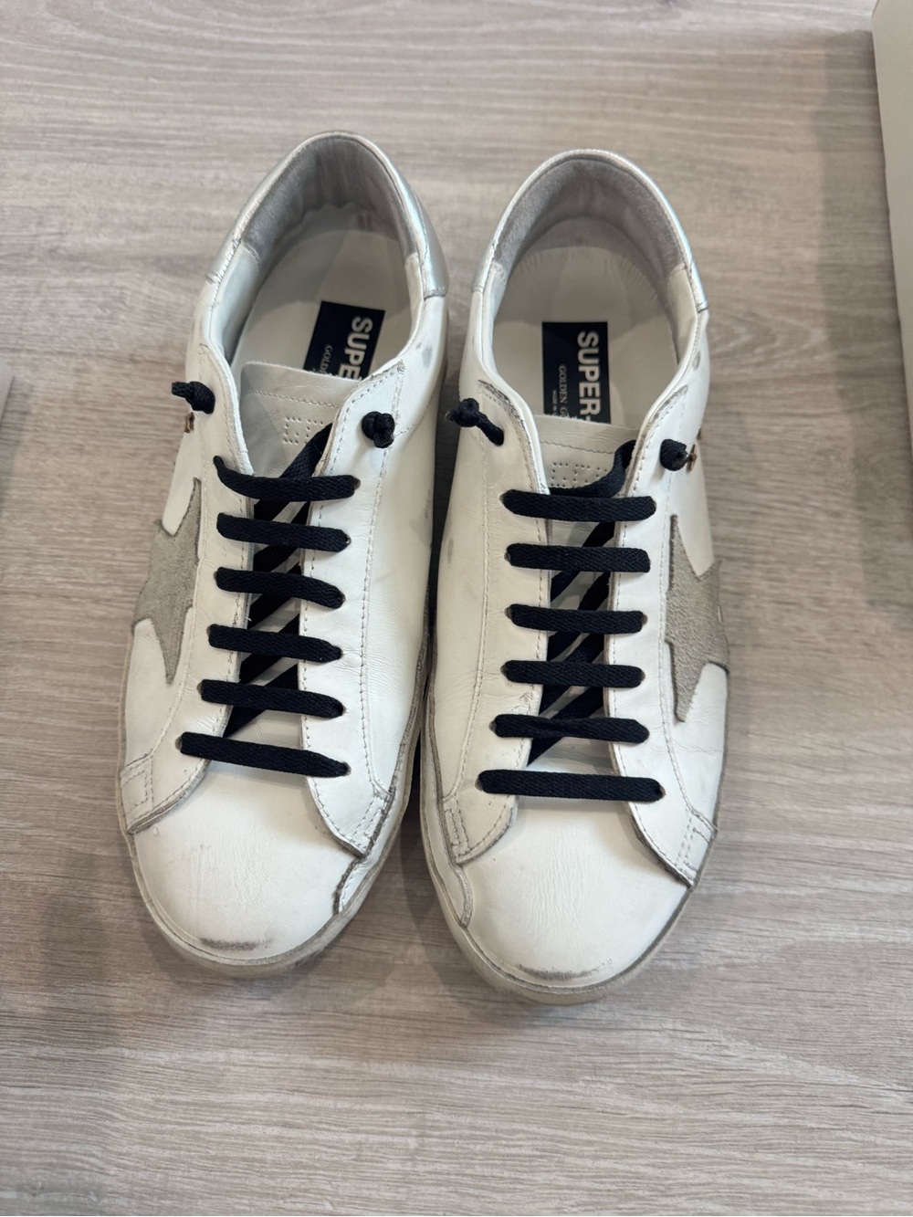Superga White Leather Sneakers with Black Laces and Gray Star